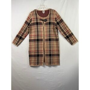Anne Klein Plaid Longline Cardigan Women Large Tan Red Black Duster Toggle Knit
